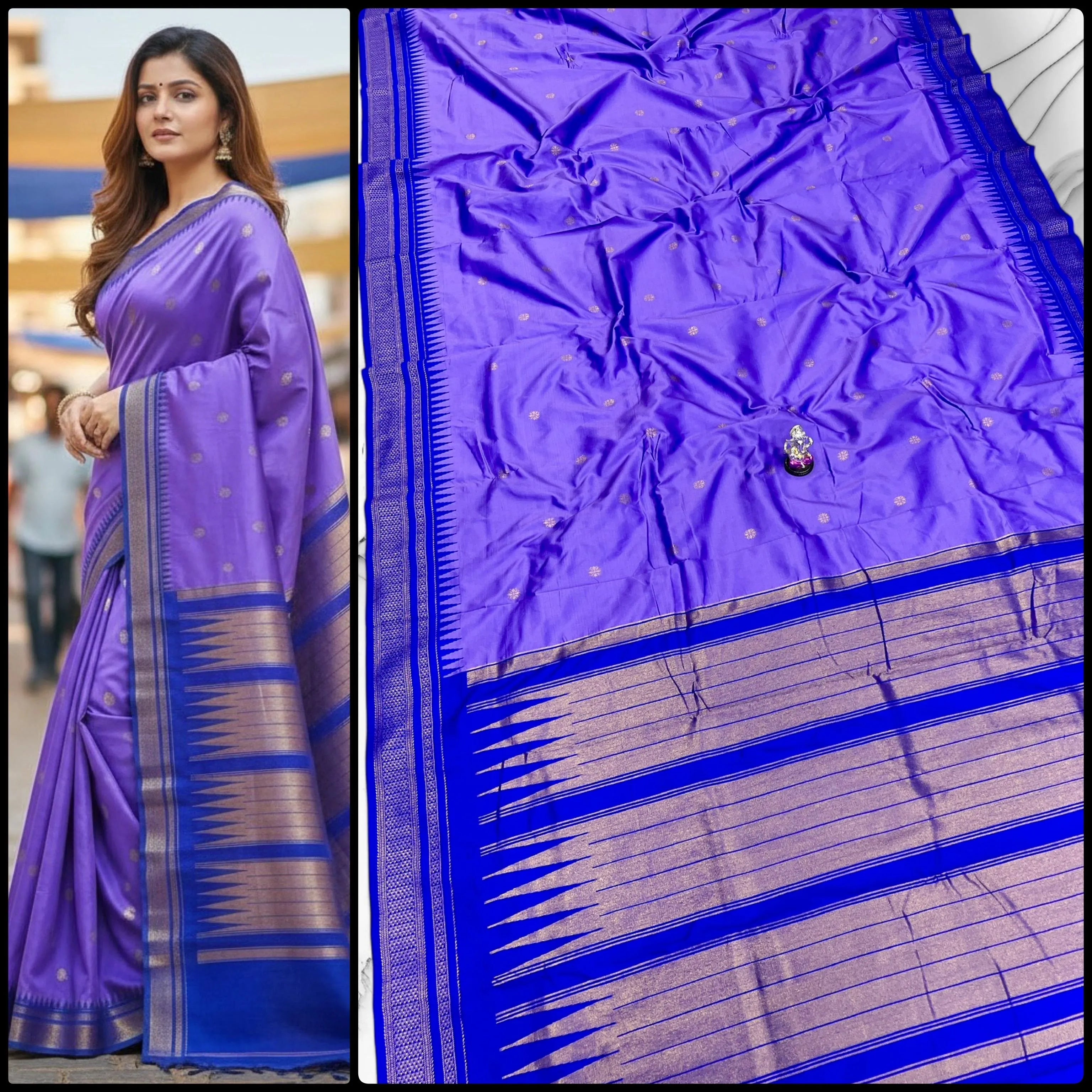 Buy Half Silk Irkal Paithani Saree online with premium Katan silk feel, all-over zari butti design, and contrast zari blouse. Perfect for weddings, festive wear, and traditional occasions at the best price.