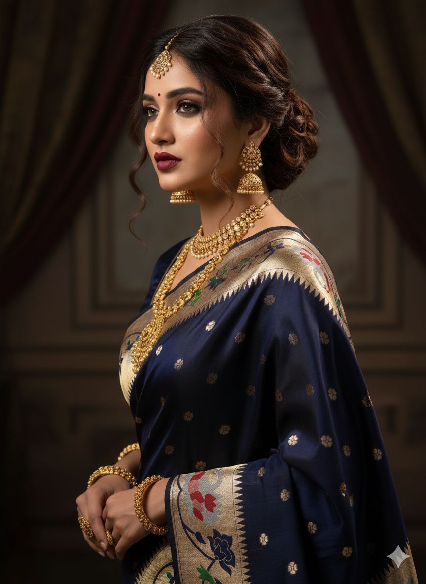 Experience timeless elegance with this Trending Rajhans Brocade Paithani Saree, crafted from premium pure soft silk. Designed with all-over traditional buttis and a luxurious 4/1 rich pallu, this saree reflects royal Maharashtrian craftsmanship. Comes with a matching running blouse piece, making it ideal for weddings, festive occasions, and traditional celebrations.