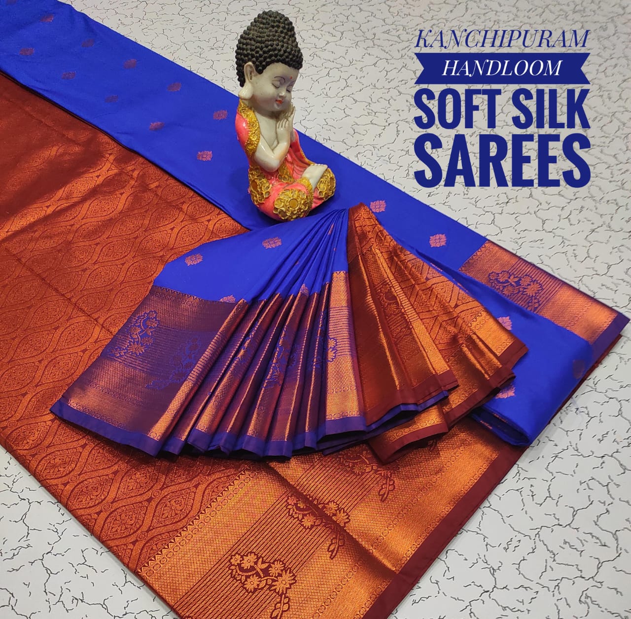 Premium Soft Silk Kanchipuram Saree with Copper Zari border &amp; rich pallu. Unique colors with contrast blouse. Perfect for weddings &amp; festive occasions.