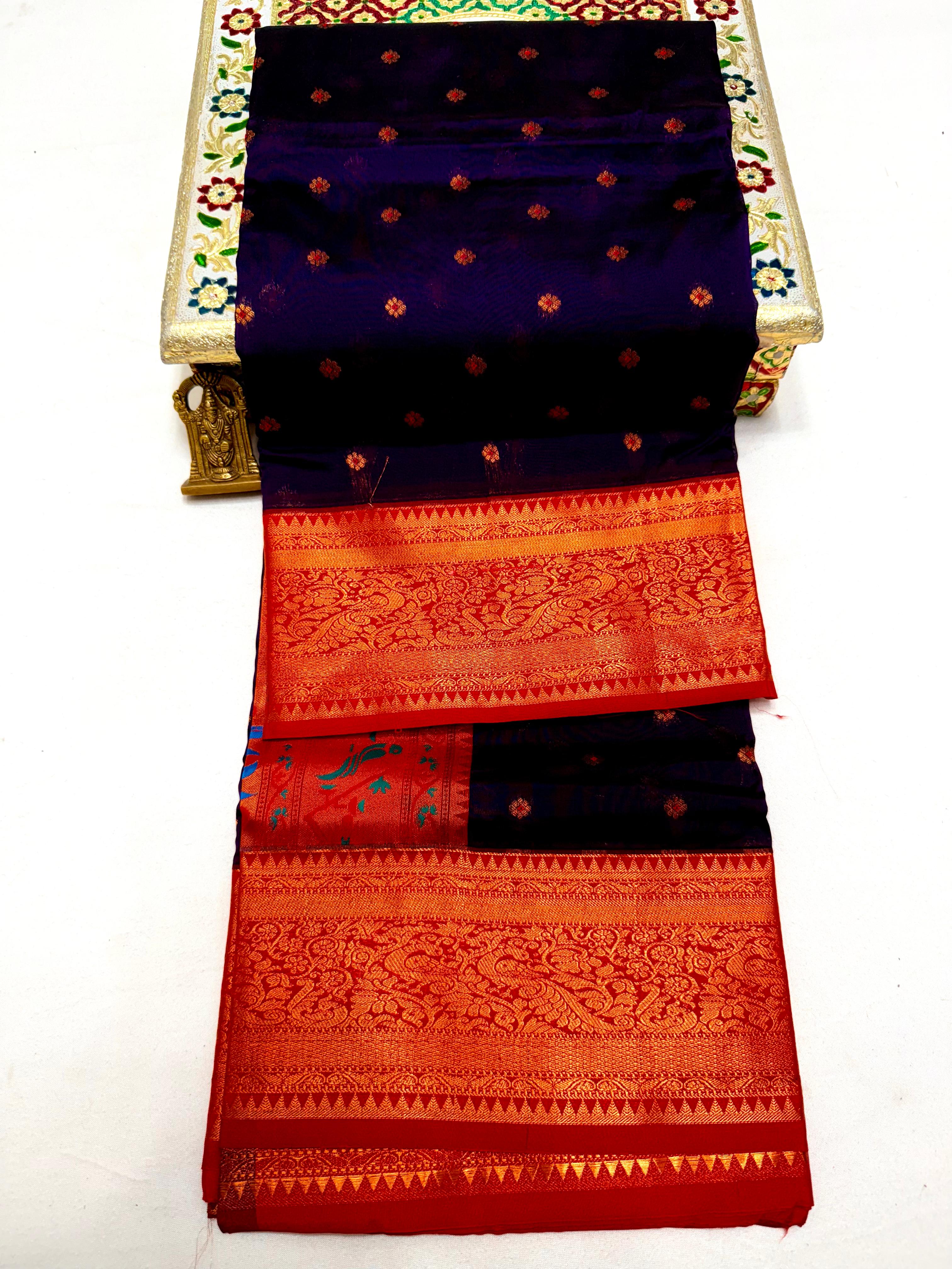 Make a grand statement this wedding season with our exclusive Dhanashree Kanjivaram Paithani Saree, crafted in rich silk with traditional detailing.