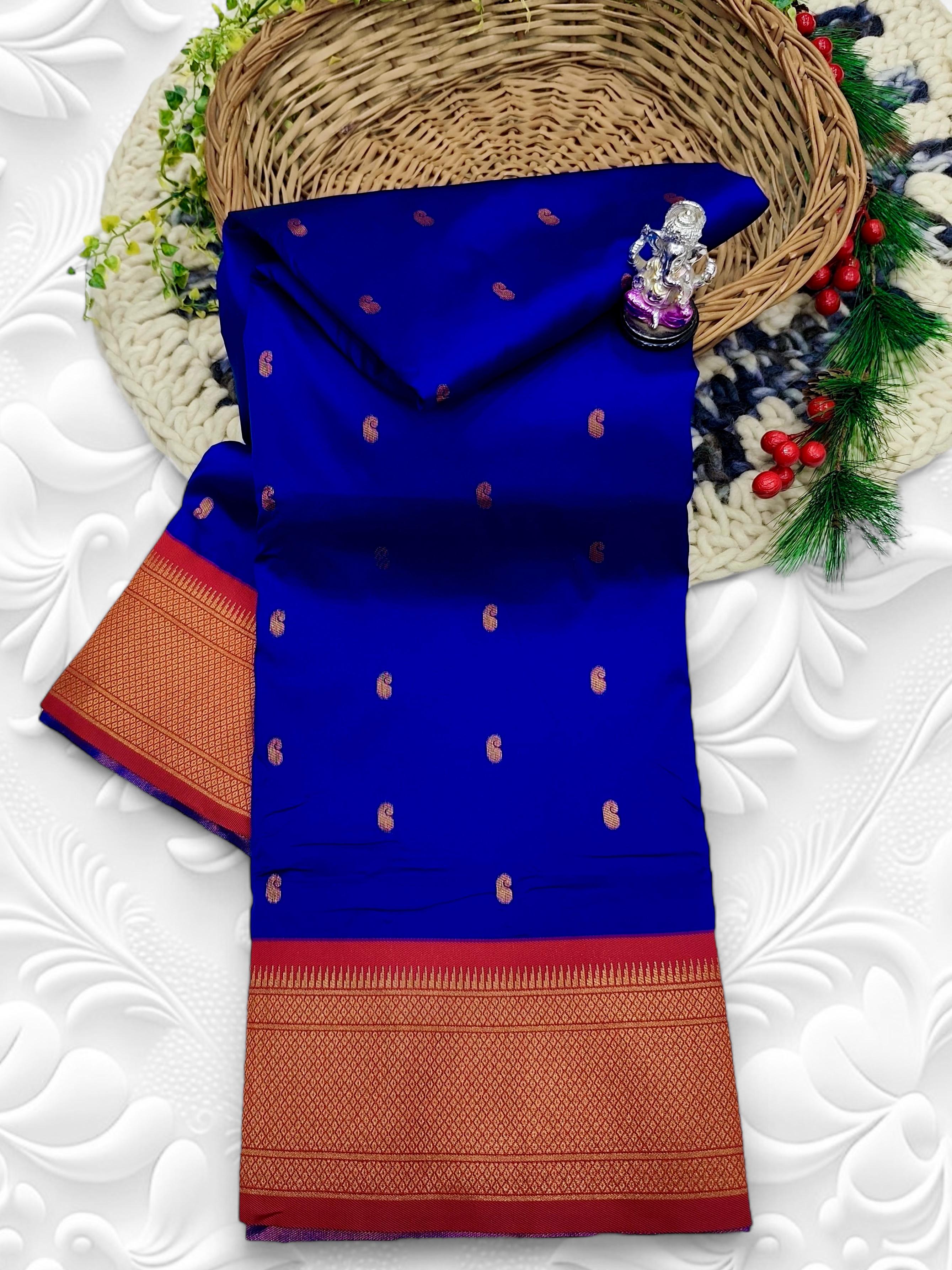 Premium Shrija Kadiyal Paithani Silk Saree with all-over zari buttis, exclusive contrast blouse, and rich double borders — perfect for weddings, festivals & special occasions.