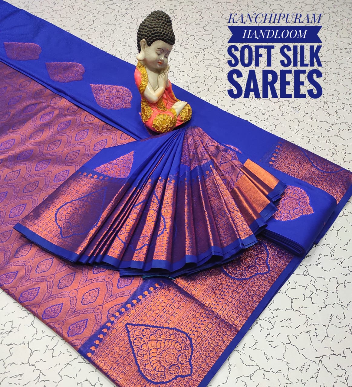Premium Soft Silk Kanchipuram Saree with Copper Zari border &amp; rich pallu. Unique colors with contrast blouse. Perfect for weddings &amp; festive occasions.