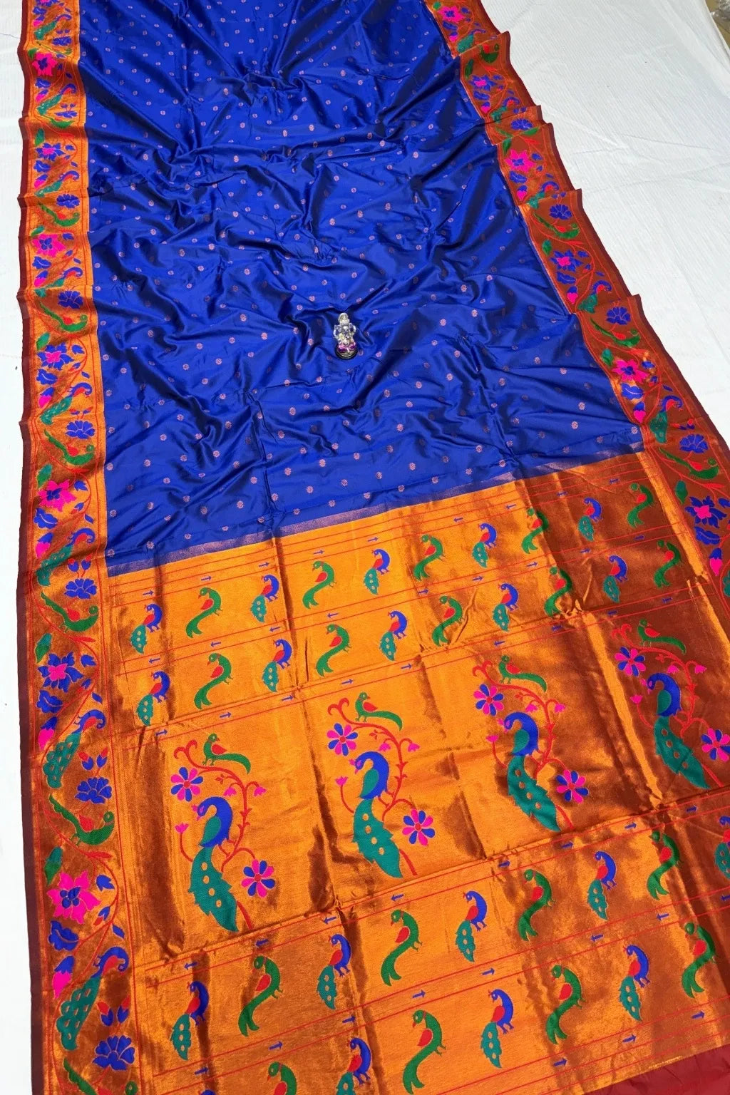 Pure Mix Silk Semi Mor & Popat Brocade Paithani Saree – Traditional Maharashtrian Elegance Shop premium Silk Semi Mor & Popat Brocade Paithani Saree with traditional peacock and parrot pallu design and all-over zari butti. Perfect for weddings & festive wear.