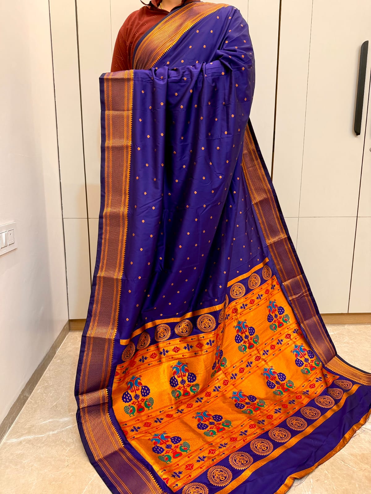 Experience timeless elegance with our New Kalanjali Paithani Saree, crafted from Premium Soft Silk and adorned with rich Zari Weaving.