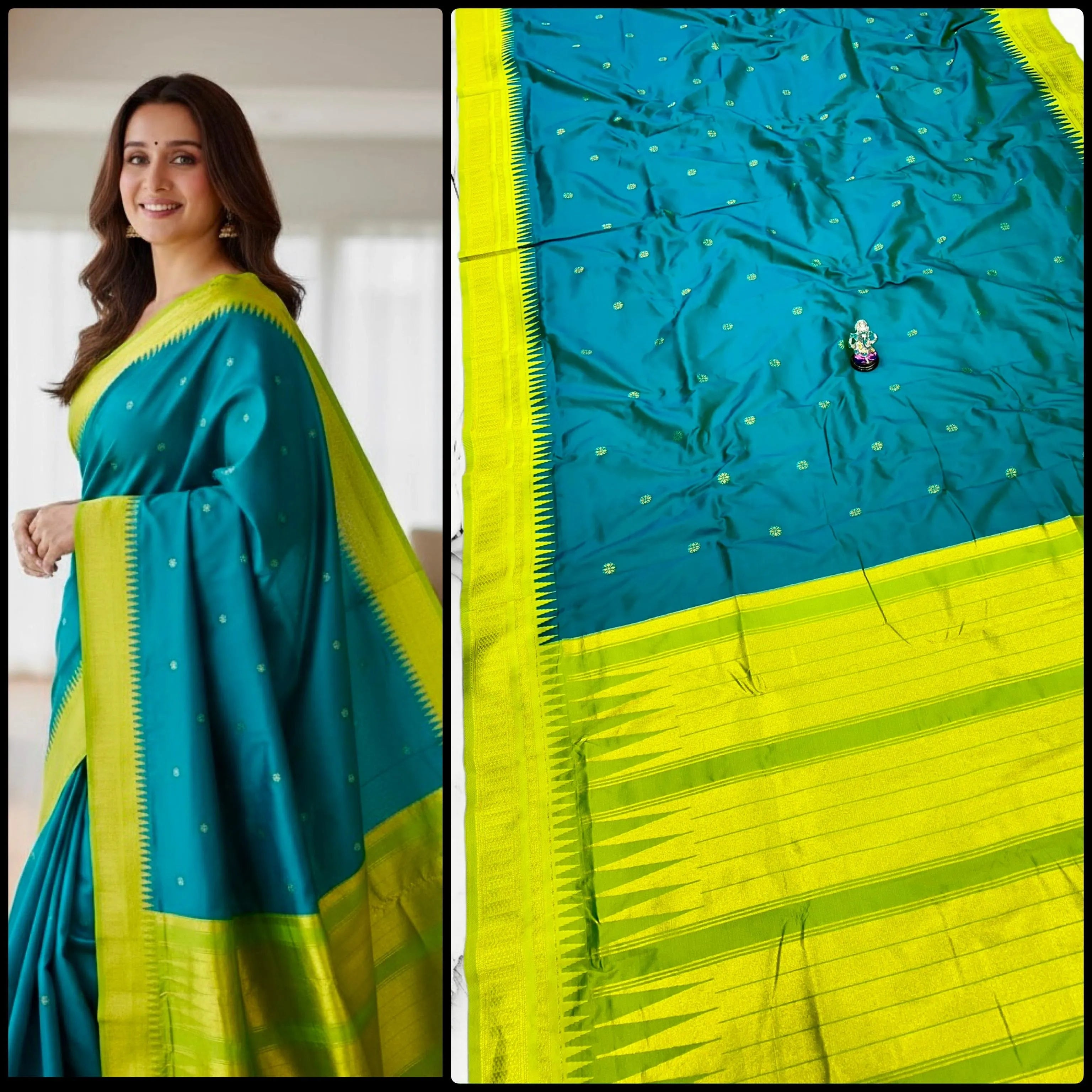 Buy Half Silk Irkal Paithani Saree online with premium Katan silk feel, all-over zari butti design, and contrast zari blouse. Perfect for weddings, festive wear, and traditional occasions at the best price.