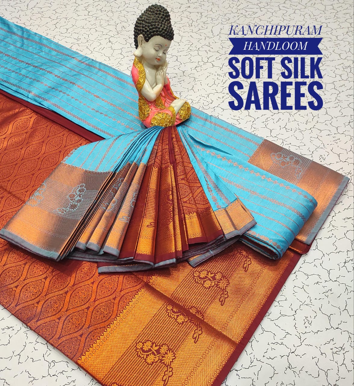 Premium Soft Silk Kanchipuram Saree with Copper Zari border &amp; rich pallu. Unique colors with contrast blouse. Perfect for weddings &amp; festive occasions.