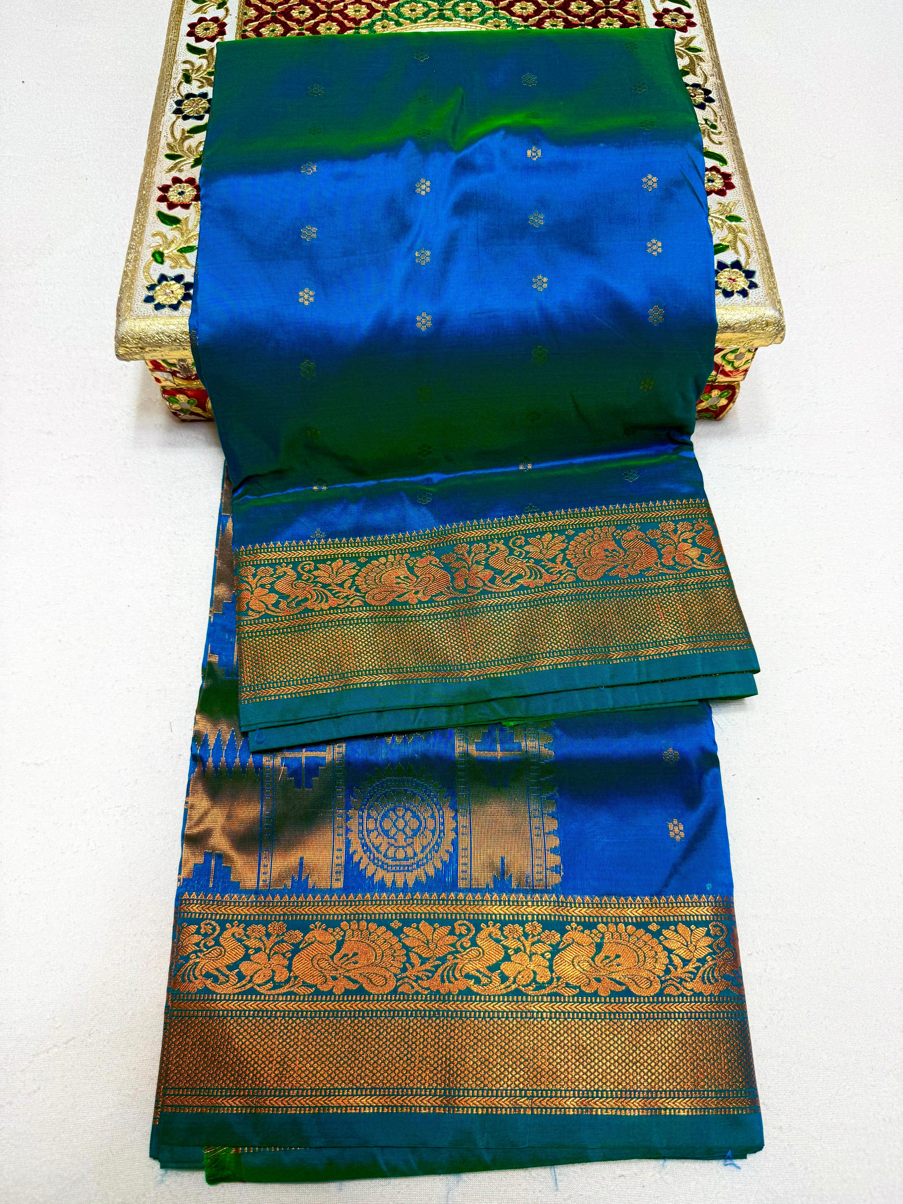 Pure Tana Silk Traditional Madurai Kalanjali Paithani Saree – All-Over Butti & Yeola Double Pallu - Self Blouse Piece.
