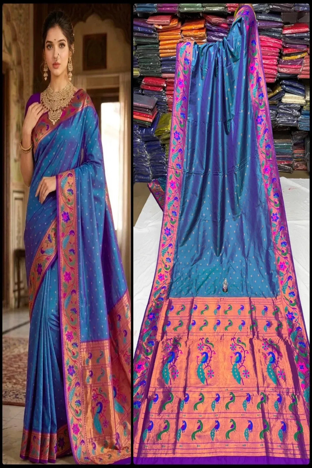 Pure Mix Silk Semi Mor & Popat Brocade Paithani Saree – Traditional Maharashtrian Elegance Shop premium Silk Semi Mor & Popat Brocade Paithani Saree with traditional peacock and parrot pallu design and all-over zari butti. Perfect for weddings & festive wear.