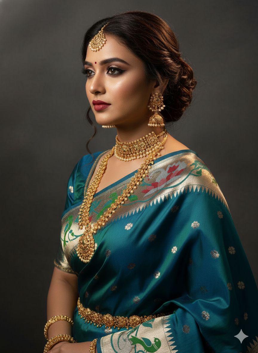 Experience timeless elegance with this Trending Rajhans Brocade Paithani Saree, crafted from premium pure soft silk. Designed with all-over traditional buttis and a luxurious 4/1 rich pallu, this saree reflects royal Maharashtrian craftsmanship. Comes with a matching running blouse piece, making it ideal for weddings, festive occasions, and traditional celebrations.