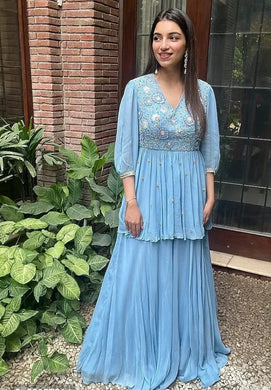 Classic Pastel Blue Embroidered Kurta Sharara Set for women