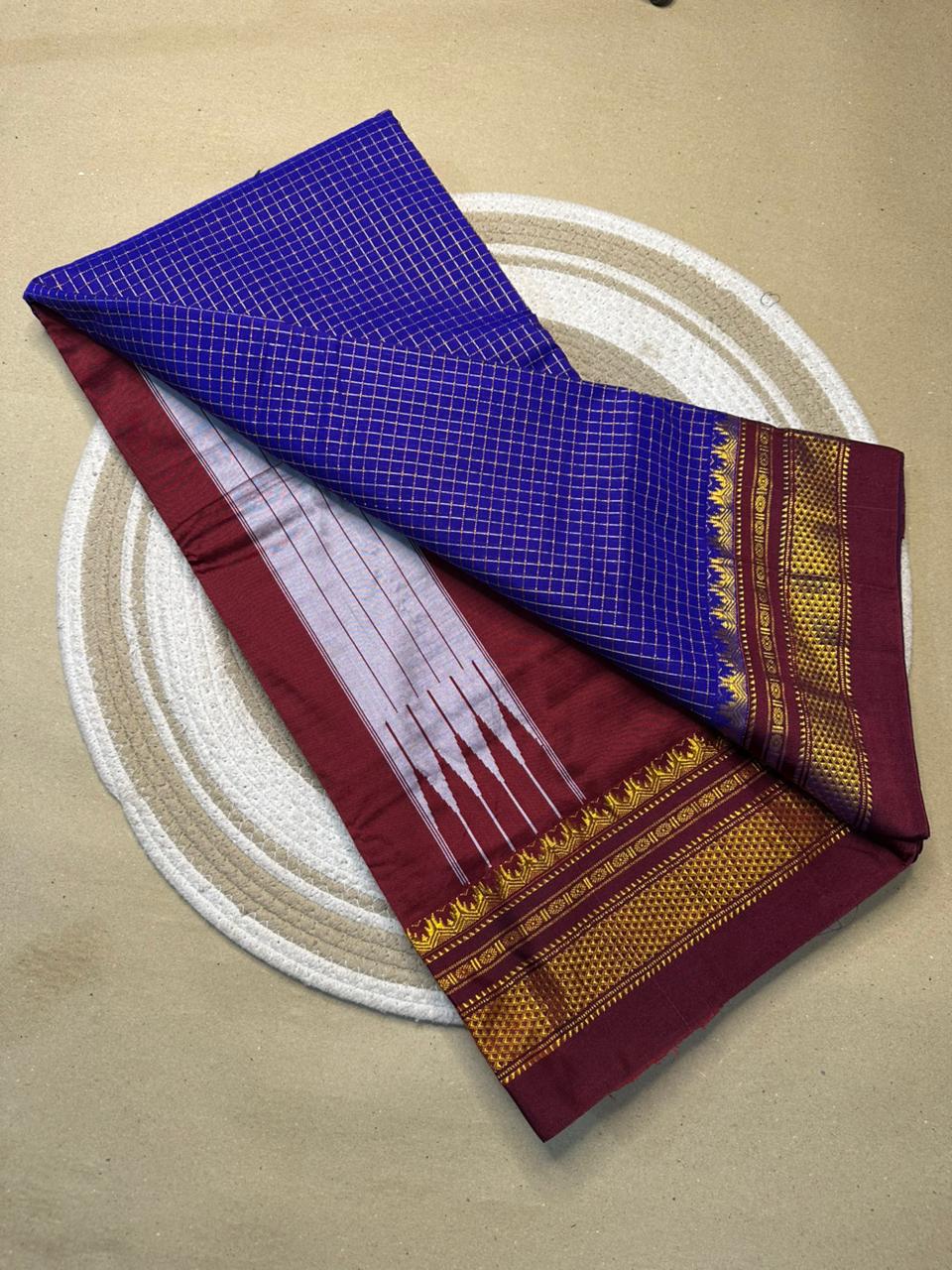 Traditional Ilkal Zari Checks Saree – Mercerised Cotton with Contrast Blouse