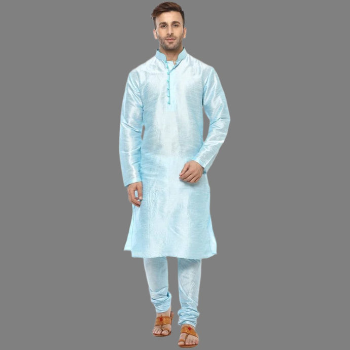 Blue Silk Blend Solid Kurta Sets for Men