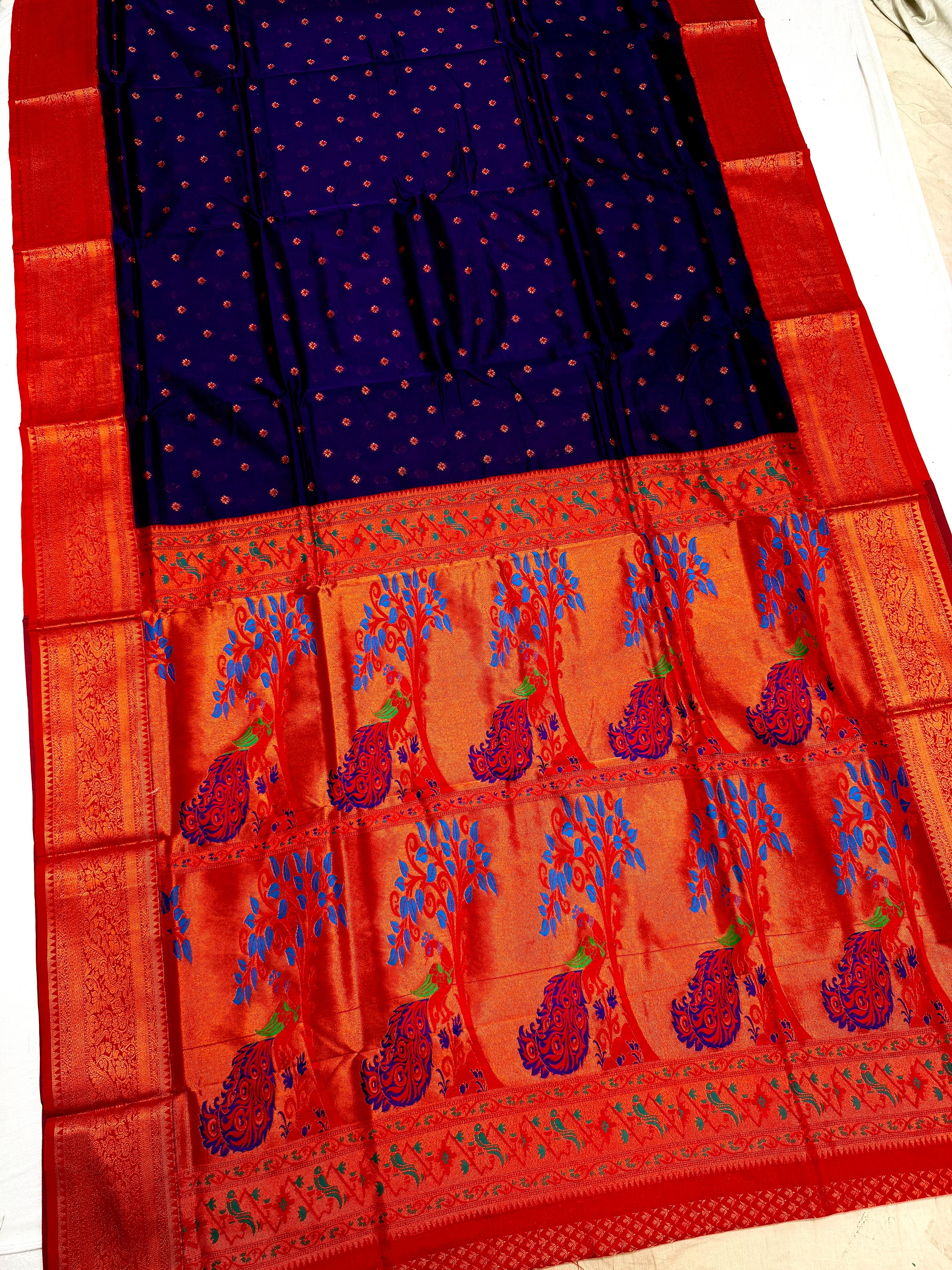 Make a grand statement this wedding season with our exclusive Dhanashree Kanjivaram Paithani Saree, crafted in rich silk with traditional detailing.