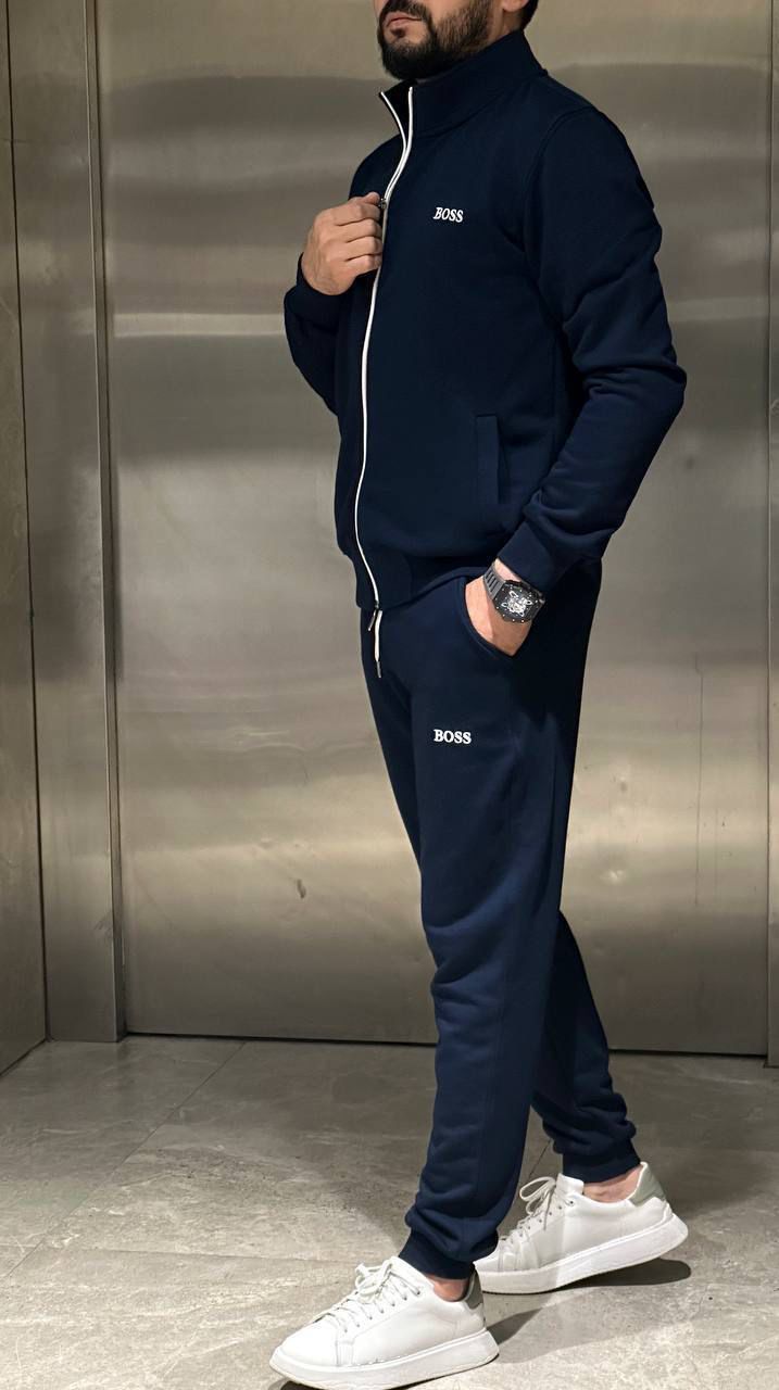 Stay warm in style with the BOSS Premium 2-Thread Fleece Cotton Tracksuit. Full-sleeve zipper top &amp; lower, premium fit, and 10A quality for winter comfort.