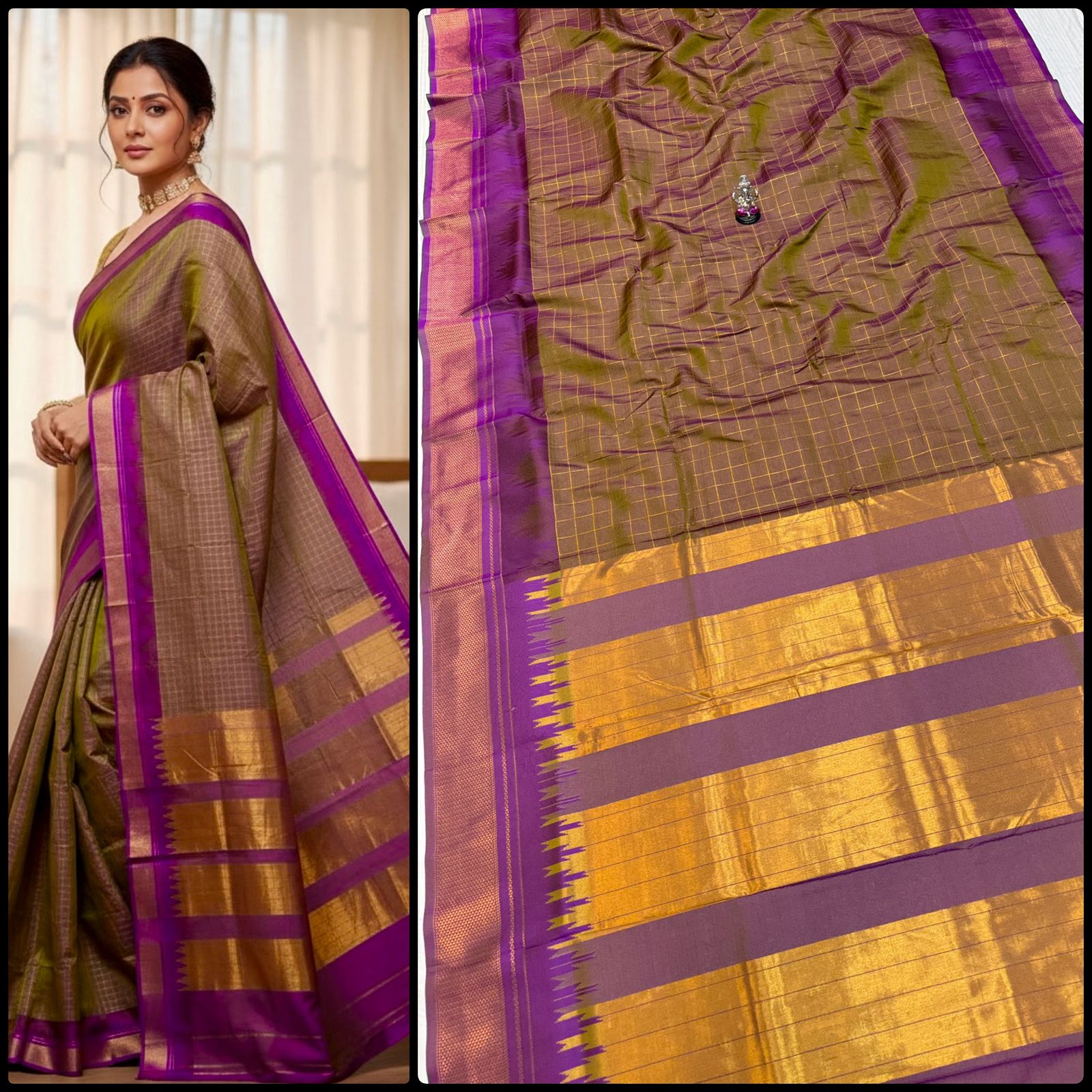 New Design Launching Shop the elegant Neha Checks Irkal Paithani Saree, crafted from premium Katan silk that feels like pure silk. Designed with all-over classic checks and paired with an exclusive contrast blouse, this saree is perfect for festive wear, weddings, and special occasions. Experience tradition with a modern touch.