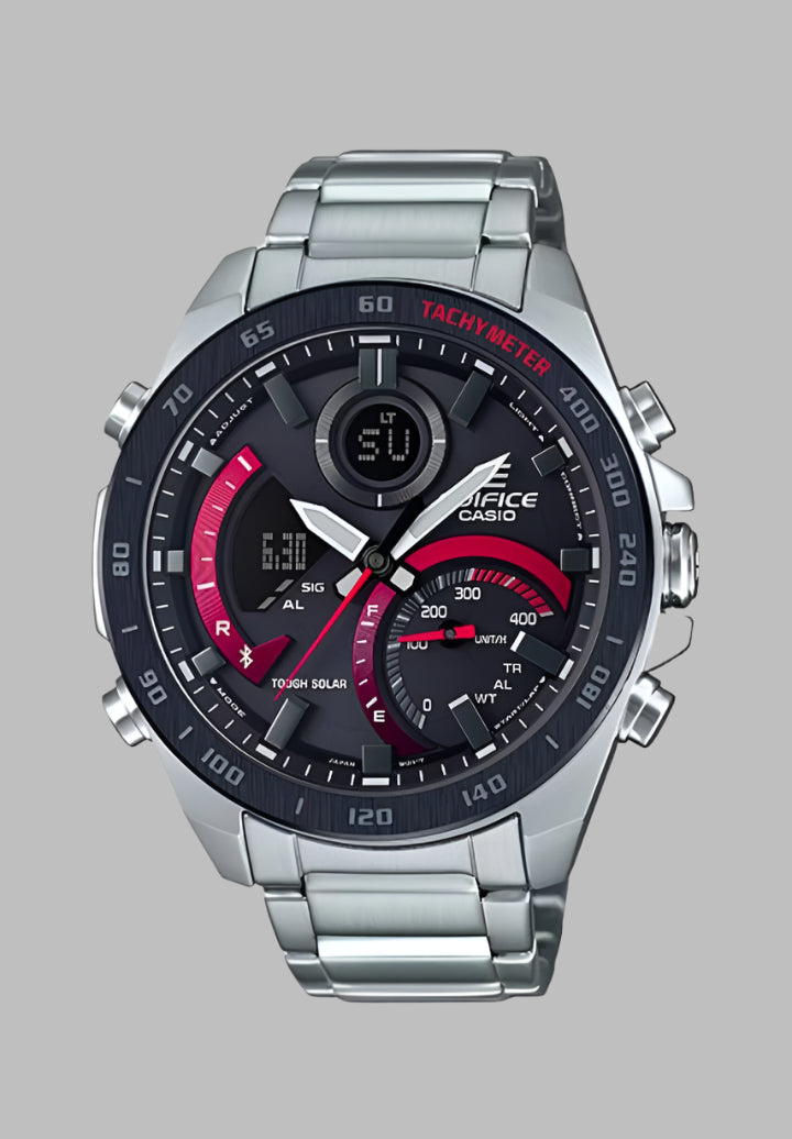 Casio watch with silver band and black face on a transparent background