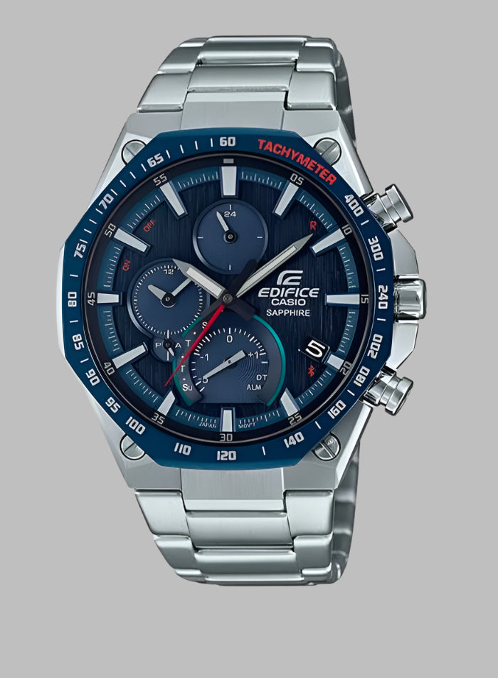 Silver and blue Edifice watch with tachymeter on a white background