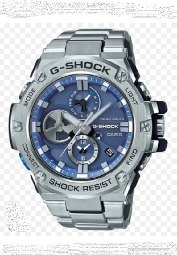 G-Shock watch with silver and blue design on a white background