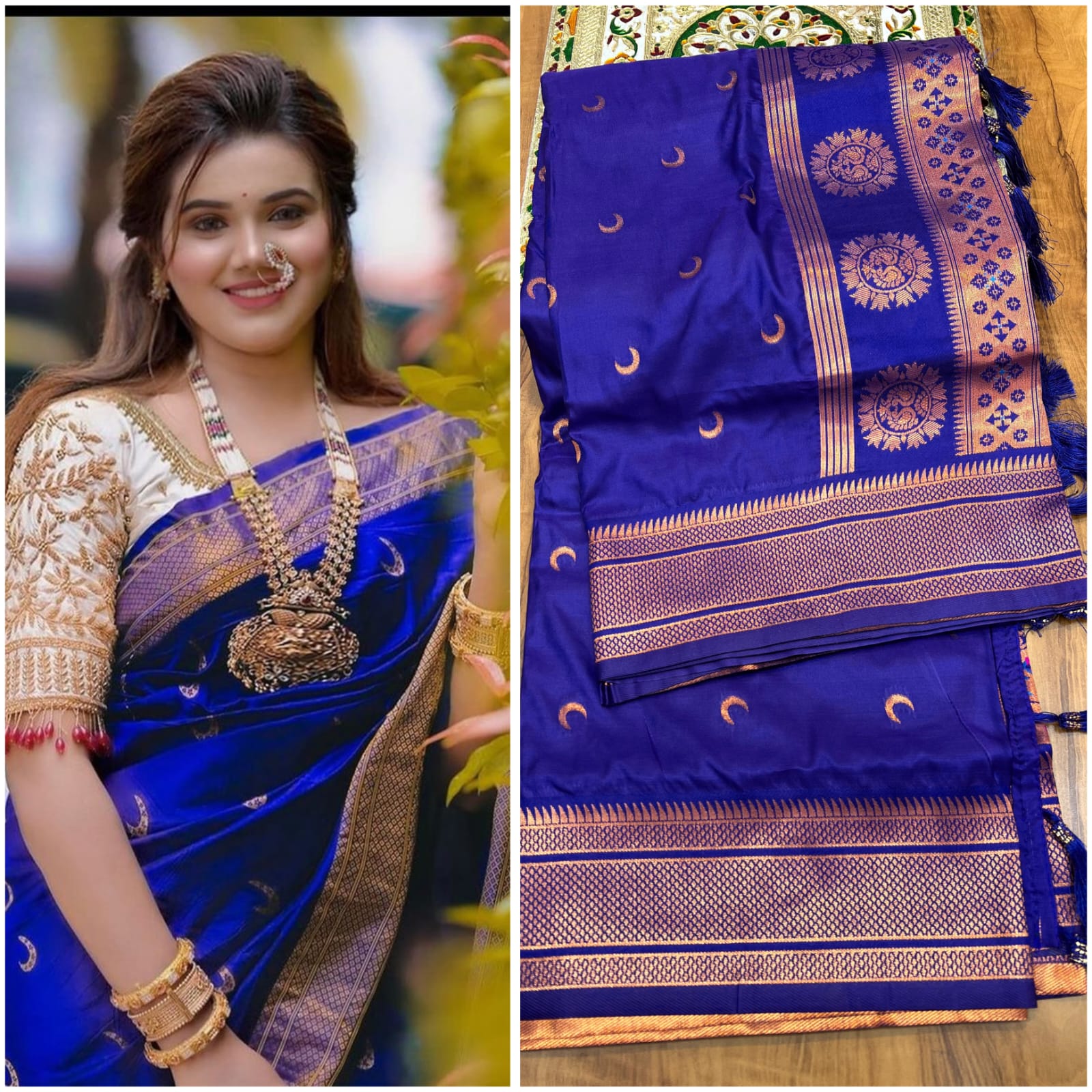 Chandrakor Kadiyal Paithani Kadiyal Paithani all over Buttis with runing Blouse

Colors: Royal Blue, Blue, Darkpurple, Green , pink ,, Yellow, puple-Pink shade
Size: Free Size
Style:Chandrakor Kadiyal Paithani

Work:All Over Buttis

Blouse: Self Blouse

Fabrics:Premium Soft Shiny Silk


Experience the artistry of traditional Indian weaving with our Chandrakor Kadiyal Paithani saree. Adorned with beautifully woven Kadiyal Paithani buttis all over, this saree is a true reflection of craftsmanship. Comes with 