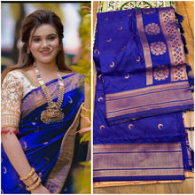 Load image into Gallery viewer, Chandrakor Kadiyal Paithani Kadiyal Paithani all over Buttis with runing Blouse

Colors: Royal Blue, Blue, Darkpurple, Green , pink ,, Yellow, puple-Pink shade
Size: Free Size
Style:Chandrakor Kadiyal Paithani

Work:All Over Buttis

Blouse: Self Blouse

Fabrics:Premium Soft Shiny Silk


Experience the artistry of traditional Indian weaving with our Chandrakor Kadiyal Paithani saree. Adorned with beautifully woven Kadiyal Paithani buttis all over, this saree is a true reflection of craftsmanship. Comes with 