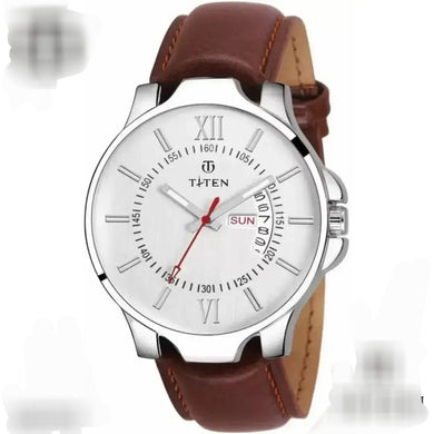 Blue White Day Date Brown Strap Watch