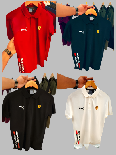 Experience sporty elegance with the Puma Ferrari Premium Matty Cotton Collar T-Shirt for Men. Crafted from 100% SAPP Matty Cotton, this tee combines comfort, durability, and iconic style. Featuring a structured collar, sleek finish, and official Puma x Ferrari branding, it’s designed to give you that effortlessly smart look – whether you're heading out or dressing casual. Choose from 4 bold colors and make every outing a style statement.