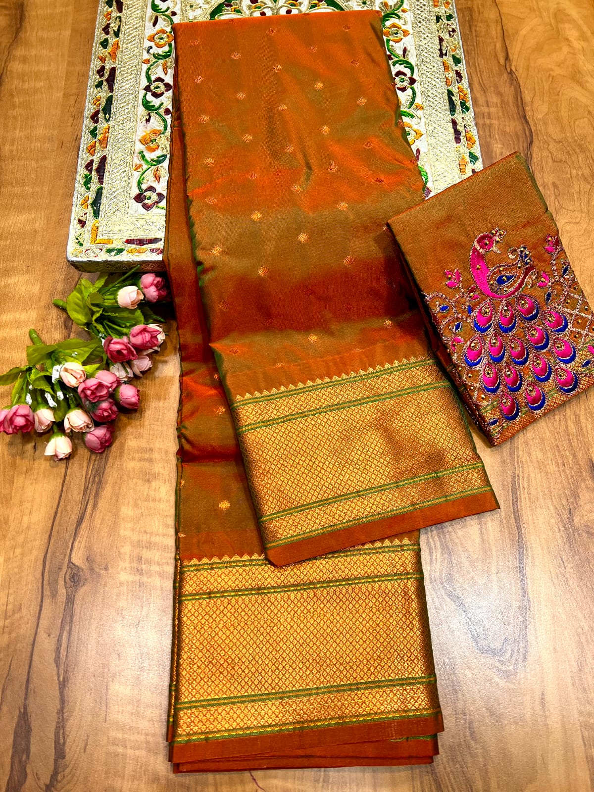 Women's Premium Kalanjali Paithani in Tana Silk All Over Buttis, Rich Pallu with with Heavy Work Embroidered Blouse Piece