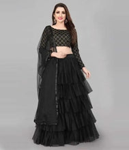 Load image into Gallery viewer, Ruffle Black Lehenga Choli Set in Net &amp; Satin Semi Stitched.