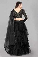 Load image into Gallery viewer, Ruffle Black Lehenga Choli Set in Net &amp; Satin Semi Stitched.