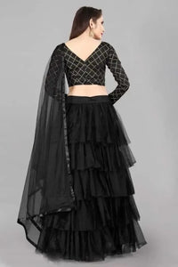 Ruffle Black Lehenga Choli Set in Net & Satin Semi Stitched.