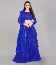 Load image into Gallery viewer, Ruffle Blue Lehenga Choli Set in Net &amp; Satin Semi Stitched.