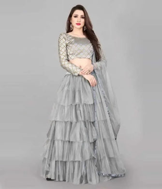 Ruffle Grey Lehenga Choli Set in Net & Satin Semi Stitched.