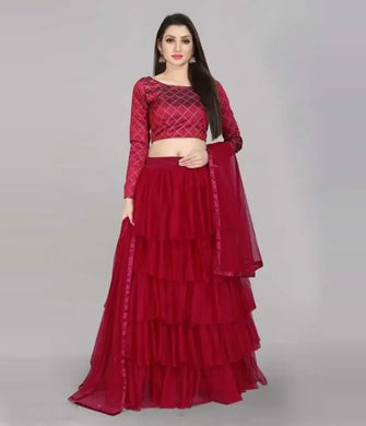 Ruffle Maroon Lehenga Choli Set in Net & Satin Semi Stitched.