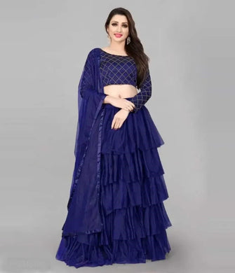 Ruffle Navy Blue Lehenga Choli Set in Net & Satin Semi Stitched.