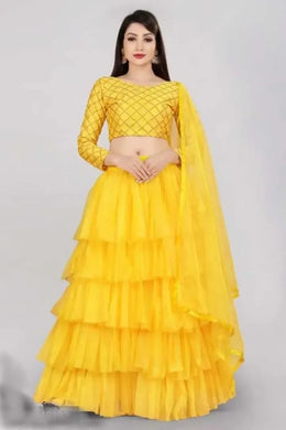 Ruffle Yellow Lehenga Choli Set in Net & Satin Semi Stitched.