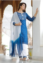Load image into Gallery viewer, Stylish Rayon Printed Kurta With Bottom And Dupatta Set For Women