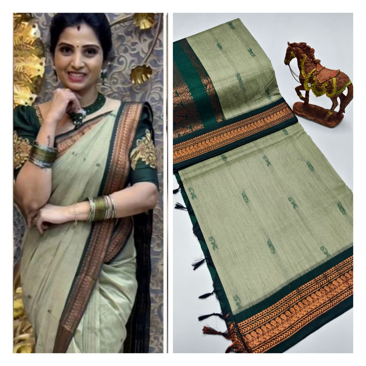 Premium Soft Gadwal Cotton Silk Shiny Paithani Srees with Running Blouse Piece.

Features:

Very premium and soft with Grand Zari pallu and contrast blouse 6.30 mtrs. Very Soft and smooth cotton Saree with all over thread Buttis.
Colors : 12+ premium colors
Fabric: Cotton Silk
Blouse: Running Blouse Piece&nbsp;
Type : Saree with soft touch give smooth feel
Buttis: All over thread buttis Glam up the looks of Saree as well you...
Pallu: Zari Pallu which Elavate the Saree Looks
Style: Cotton Silk Saree which G