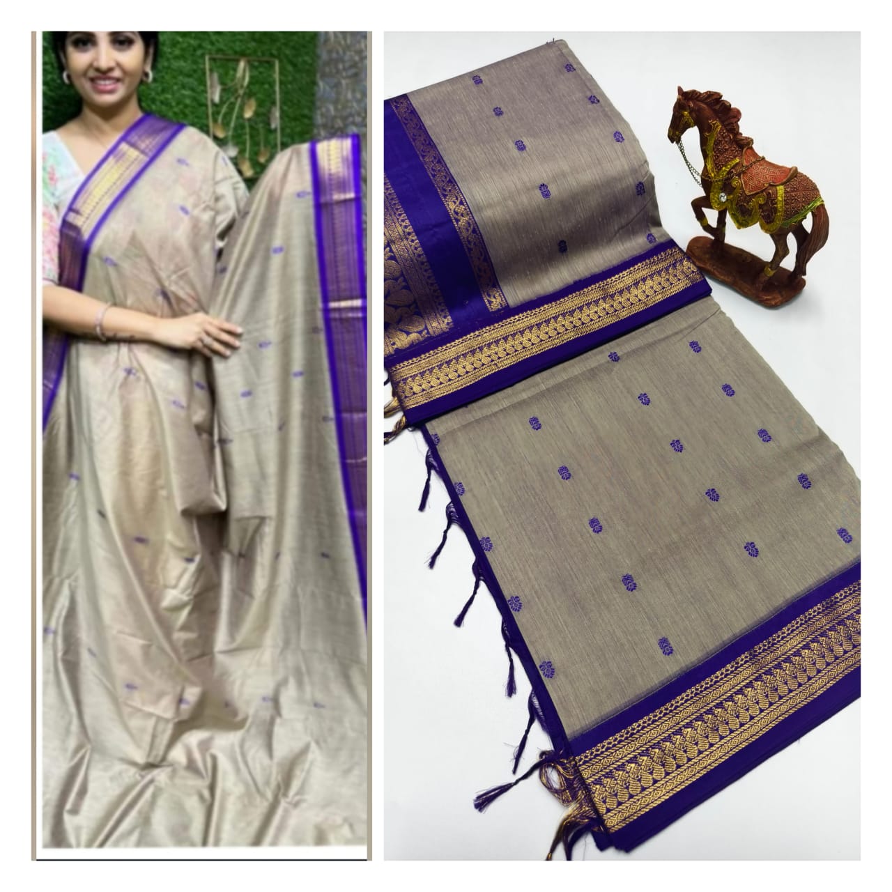 Premium Soft Gadwal Cotton Silk Shiny Paithani Srees with Running Blouse Piece.

Features:

Very premium and soft with Grand Zari pallu and contrast blouse 6.30 mtrs. Very Soft and smooth cotton Saree with all over thread Buttis.
Colors : 12+ premium colors
Fabric: Cotton Silk
Blouse: Running Blouse Piece&nbsp;
Type : Saree with soft touch give smooth feel
Buttis: All over thread buttis Glam up the looks of Saree as well you...
Pallu: Zari Pallu which Elavate the Saree Looks
Style: Cotton Silk Saree which G