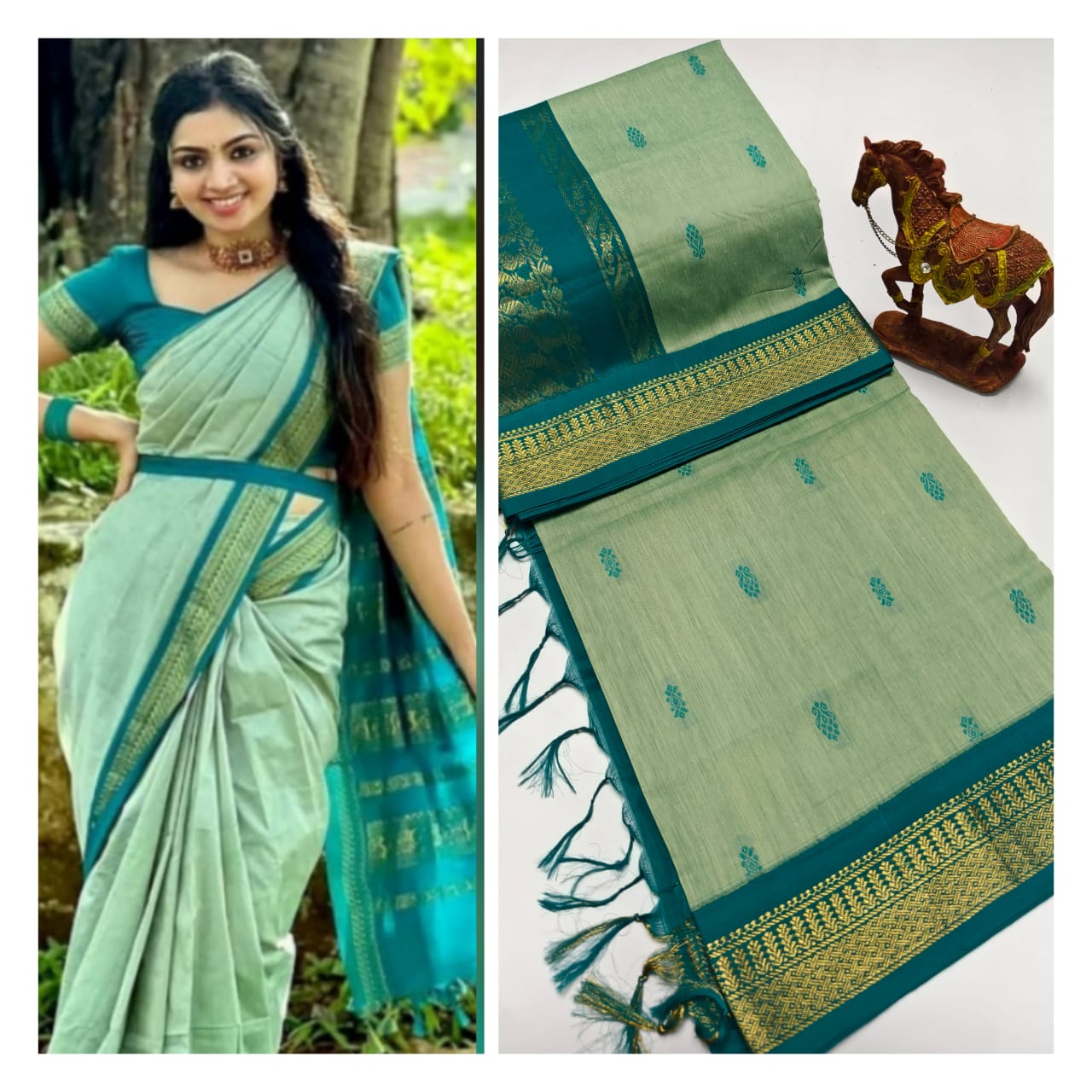 Premium Soft Gadwal Cotton Silk Shiny Paithani Srees with Running Blouse Piece.

Features:

Very premium and soft with Grand Zari pallu and contrast blouse 6.30 mtrs. Very Soft and smooth cotton Saree with all over thread Buttis.
Colors : 12+ premium colors
Fabric: Cotton Silk
Blouse: Running Blouse Piece&nbsp;
Type : Saree with soft touch give smooth feel
Buttis: All over thread buttis Glam up the looks of Saree as well you...
Pallu: Zari Pallu which Elavate the Saree Looks
Style: Cotton Silk Saree which G