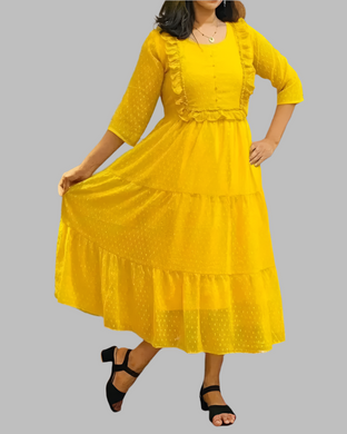 Fabulous Rayon Self Design Long Kurta For Women in Yellow