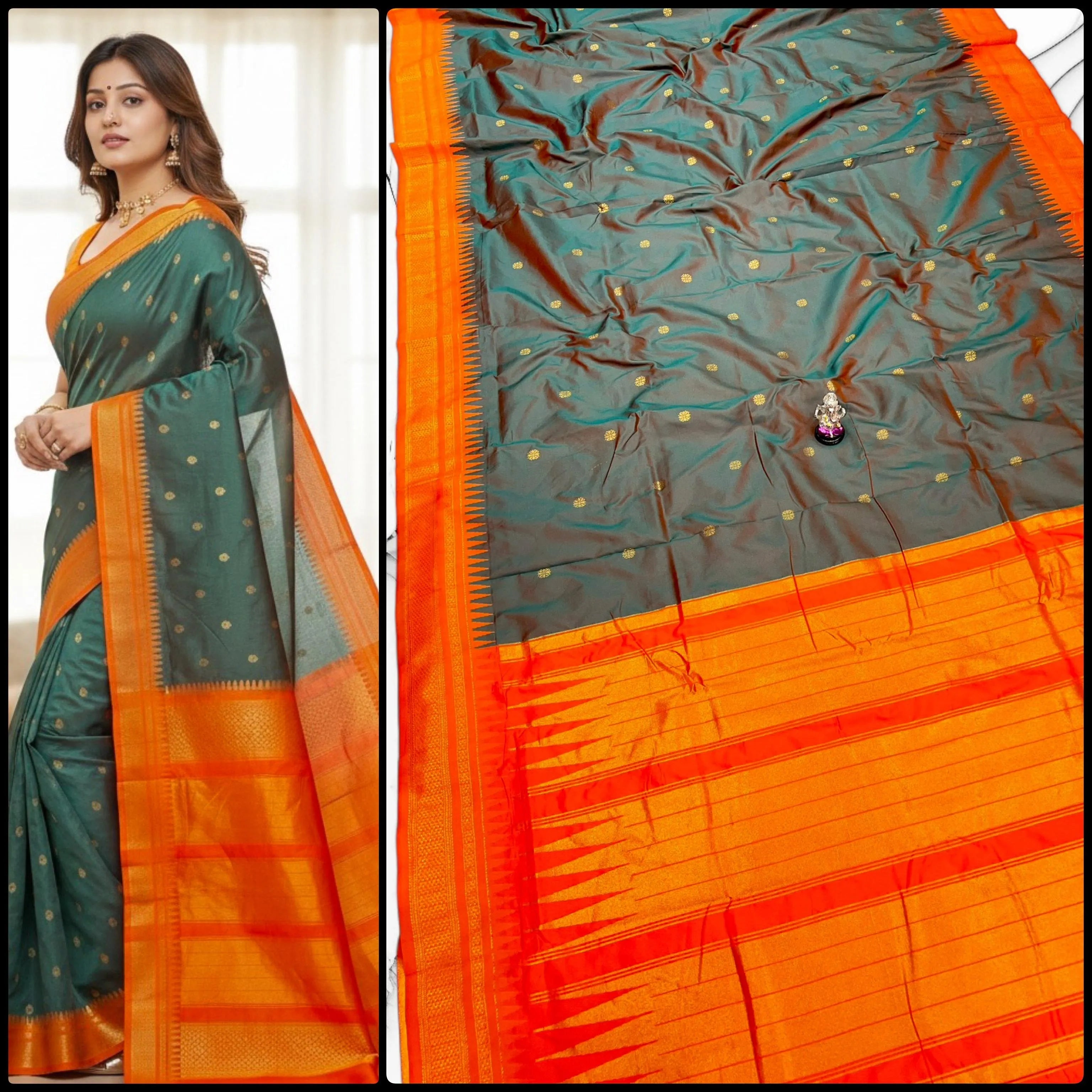 Buy Half Silk Irkal Paithani Saree online with premium Katan silk feel, all-over zari butti design, and contrast zari blouse. Perfect for weddings, festive wear, and traditional occasions at the best price.