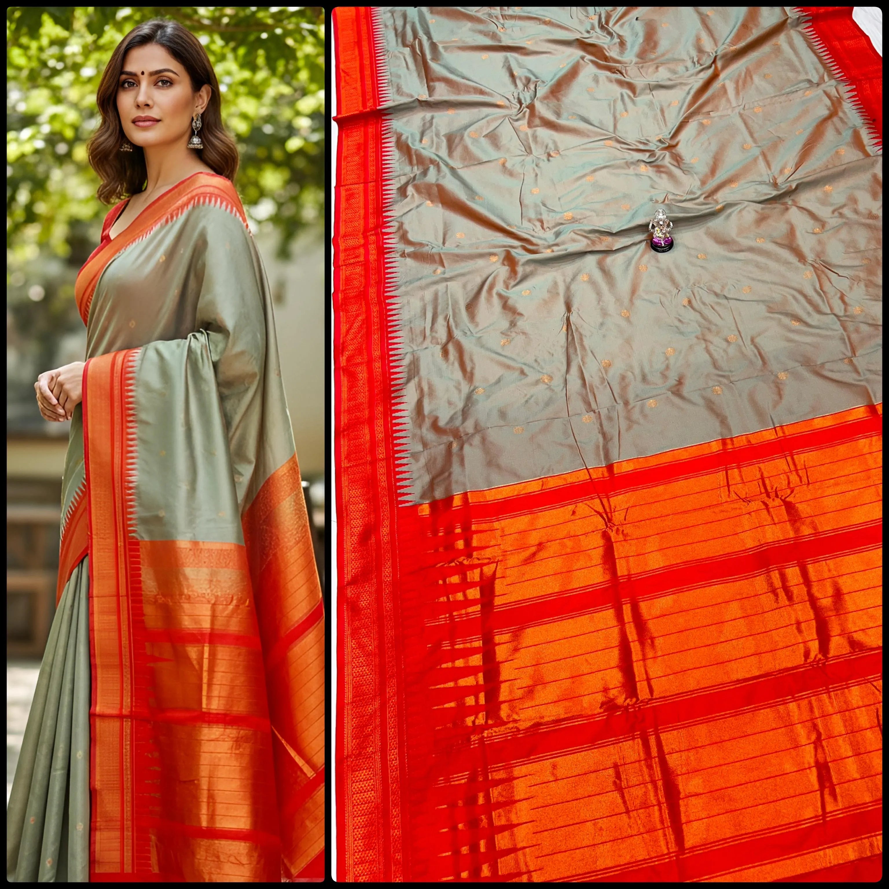 Buy Half Silk Irkal Paithani Saree online with premium Katan silk feel, all-over zari butti design, and contrast zari blouse. Perfect for weddings, festive wear, and traditional occasions at the best price.