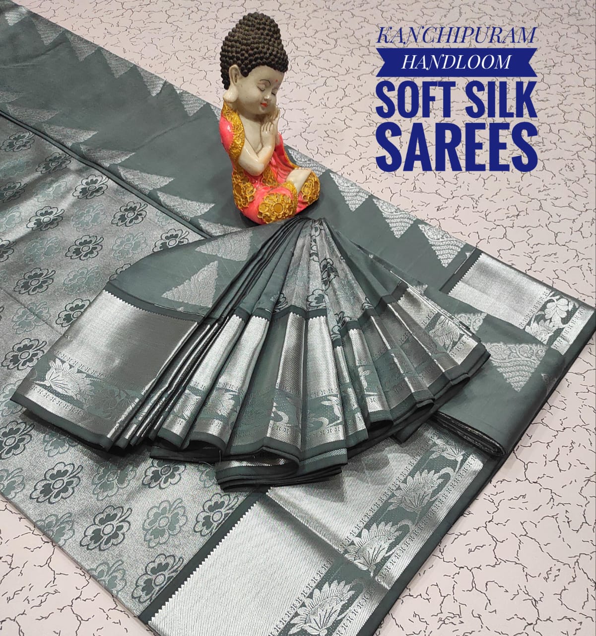 Premium Soft Silk Kanchipuram Saree with Copper Zari border &amp; rich pallu. Unique colors with contrast blouse. Perfect for weddings &amp; festive occasions.