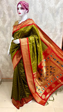 Load image into Gallery viewer, Traditional Kadiyal Paithani Saree,  Pallu Meena Butti with Contrast Running Blouse Green Mehendi