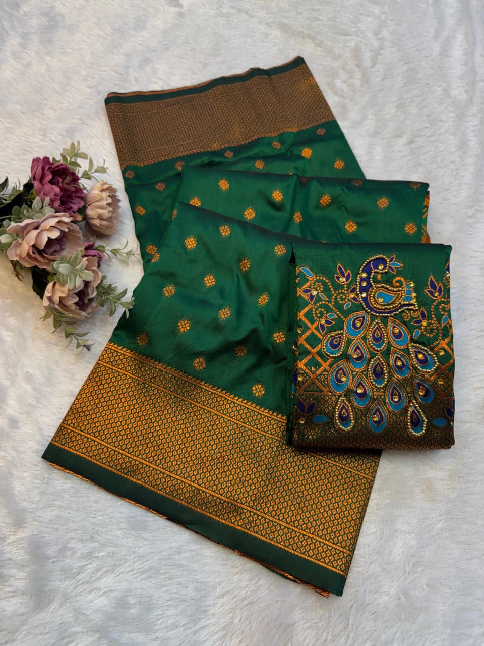 Shop New Sonali Kalanjali Paithani Saree in premium soft silk with rich buttis, peacock Maharani pallu and Aariwork Swarovski blouse. Perfect for festivals and weddings.