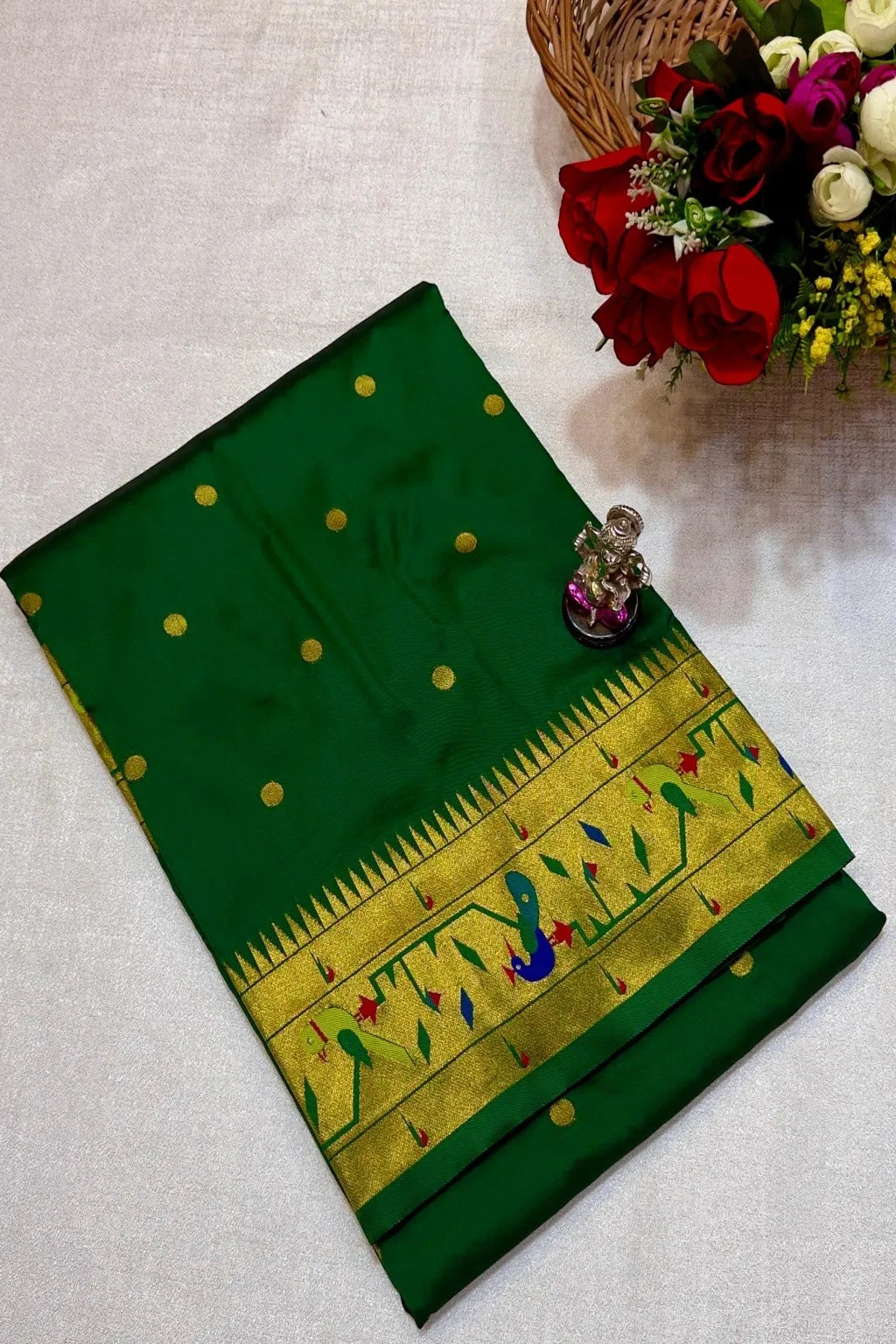Shop premium Katan Silk Semi Mor & Popat Brocade Paithani Saree with traditional peacock and parrot pallu design and all-over zari butti. Perfect for weddings & festive wear.