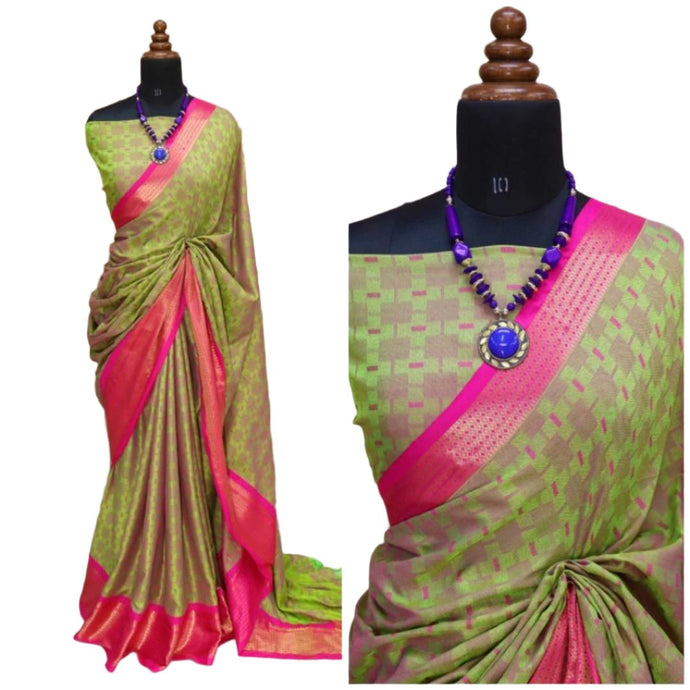 Beautiful Cotton Silk Saree with Blouse piece woven design-Green