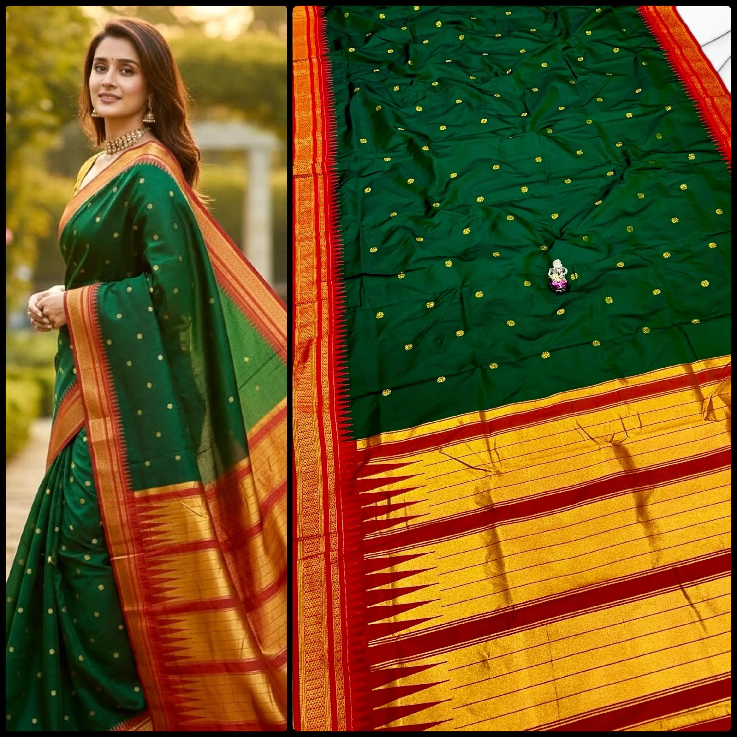 Buy Half Silk Irkal Paithani Saree online with premium Katan silk feel, all-over zari butti design, and contrast zari blouse. Perfect for weddings, festive wear, and traditional occasions at the best price.