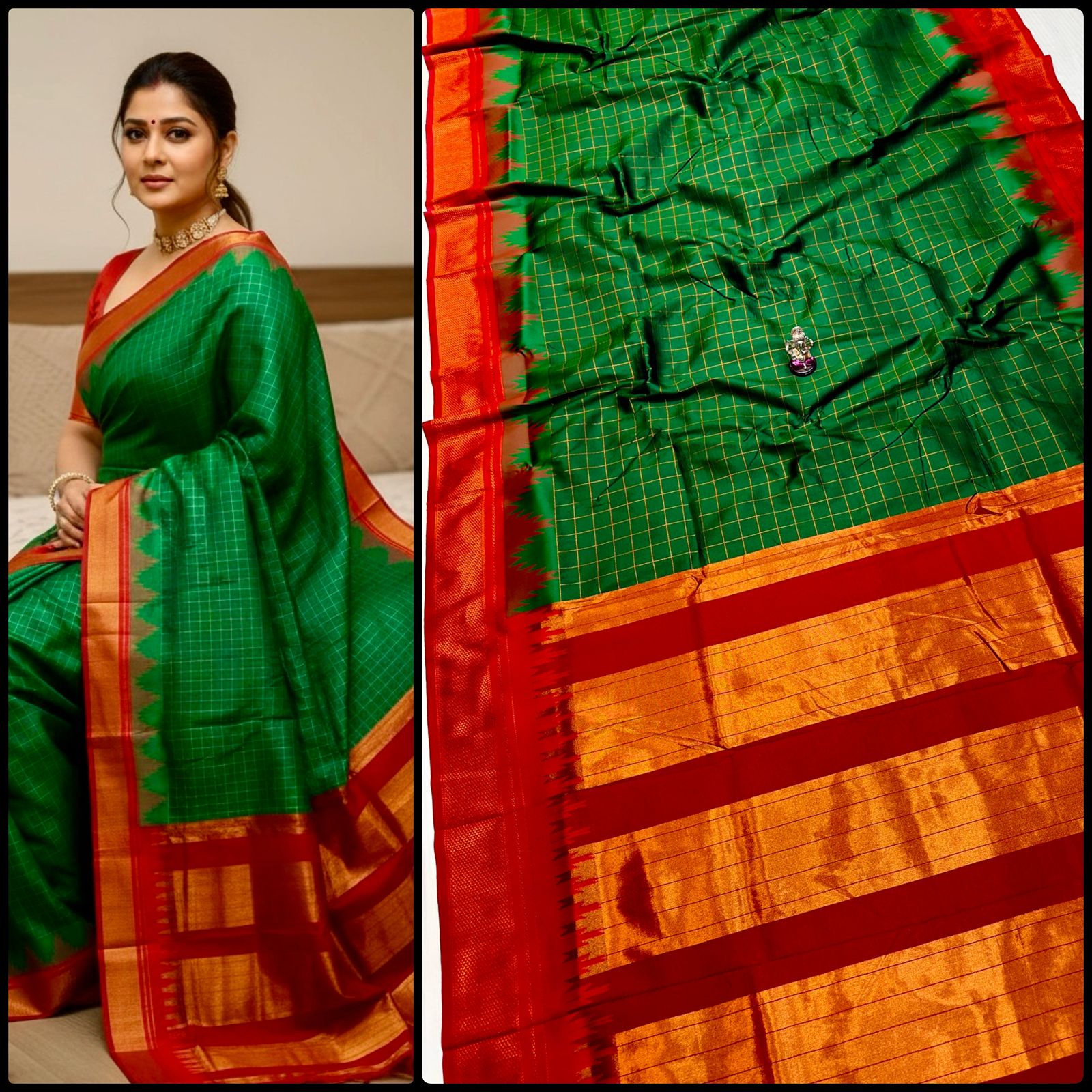 New Design Launching Shop the elegant Neha Checks Irkal Paithani Saree, crafted from premium Katan silk that feels like pure silk. Designed with all-over classic checks and paired with an exclusive contrast blouse, this saree is perfect for festive wear, weddings, and special occasions. Experience tradition with a modern touch.