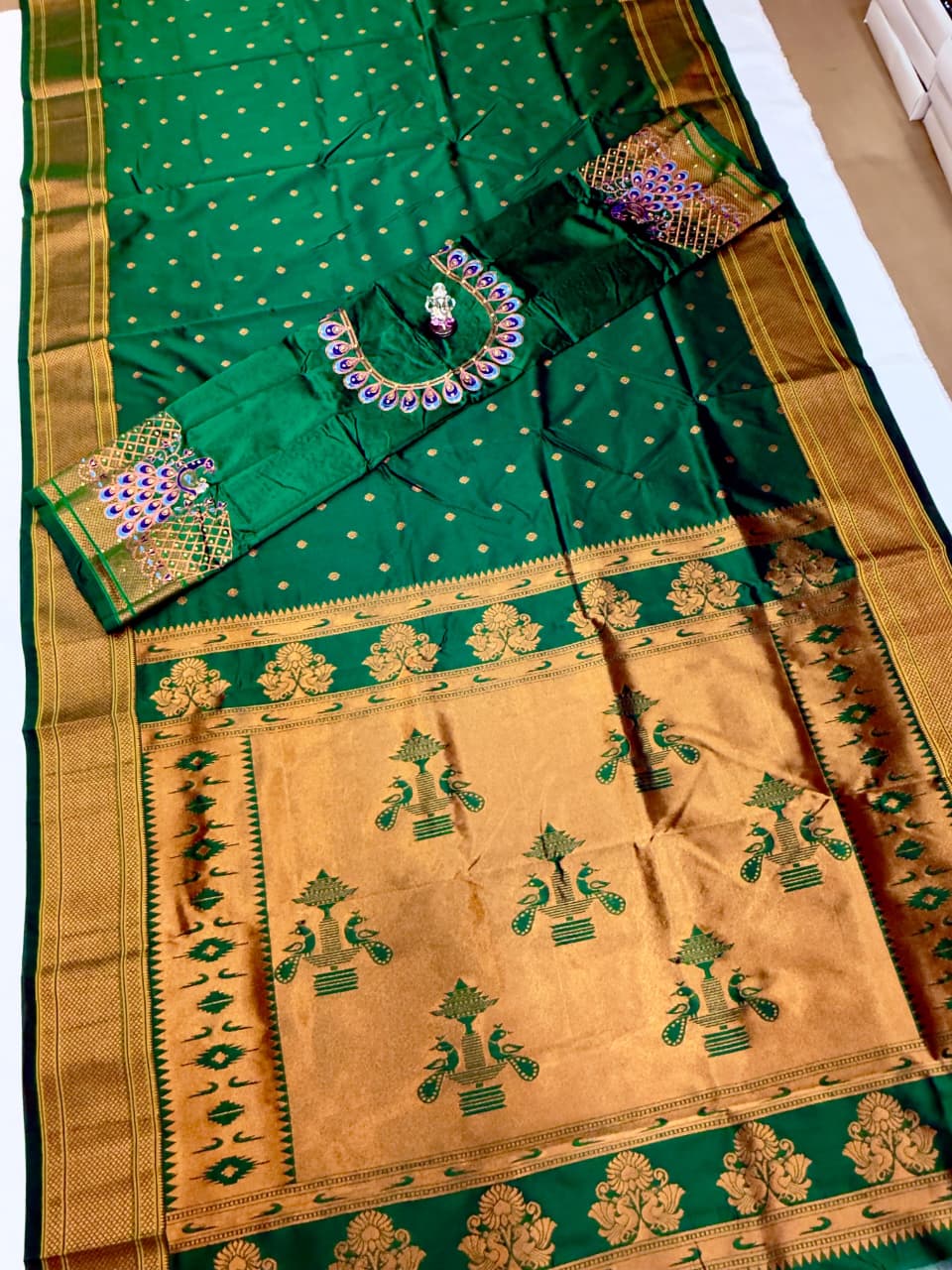 The beautiful traditional Paithani pallu enhances its royal appeal, while the exclusive designer running blouse piece completes the look. Perfect for weddings, festive celebrations, cultural events, and special occasions.